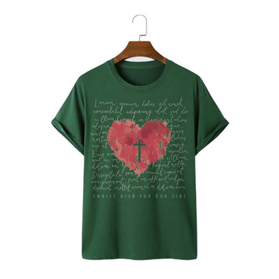 Christianartworkshop Fresh Style Cross and Heart Short Sleeve T-shirt