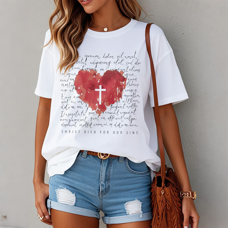 Christianartworkshop Fresh Style Cross and Heart Short Sleeve T-shirt