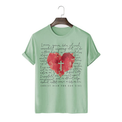 Christianartworkshop Fresh Style Cross and Heart Short Sleeve T-shirt