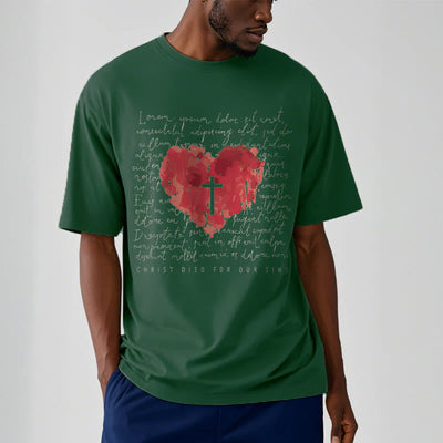 Christianartworkshop Fresh Style Cross and Heart Short Sleeve T-shirt