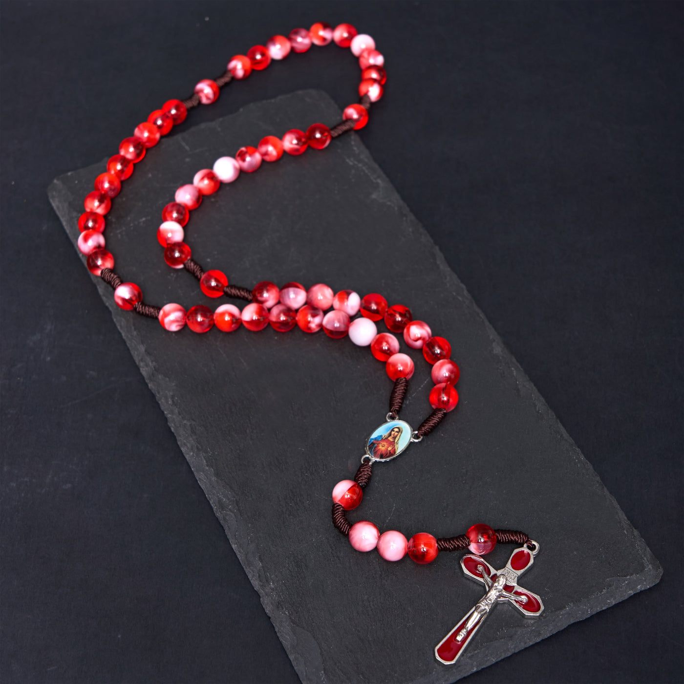 Christianartworkshop Immaculate Heart of Mary & Crucifix of 10 mm Round Red Acrylic Nylon Cord Rosary