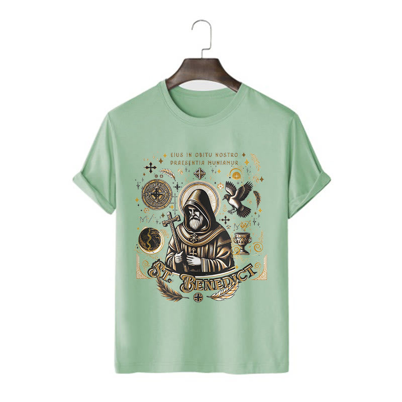 Christianartworkshop Classic Style St. Benedict Blessing Graphic Short Sleeve T-shirt