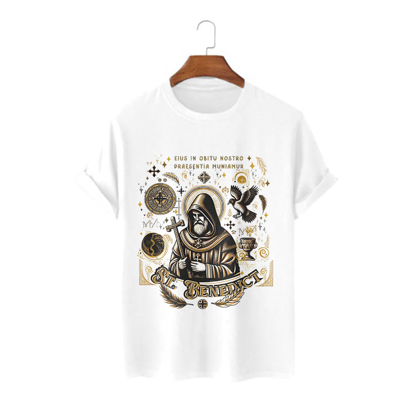 Christianartworkshop Classic Style St. Benedict Blessing Graphic Short Sleeve T-shirt