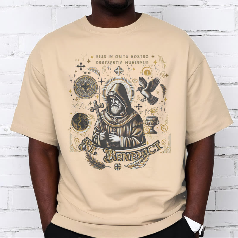 Christianartworkshop Classic Style St. Benedict Blessing Graphic Short Sleeve T-shirt