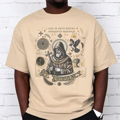 Christianartworkshop Classic Style St. Benedict Blessing Graphic Short Sleeve T-shirt