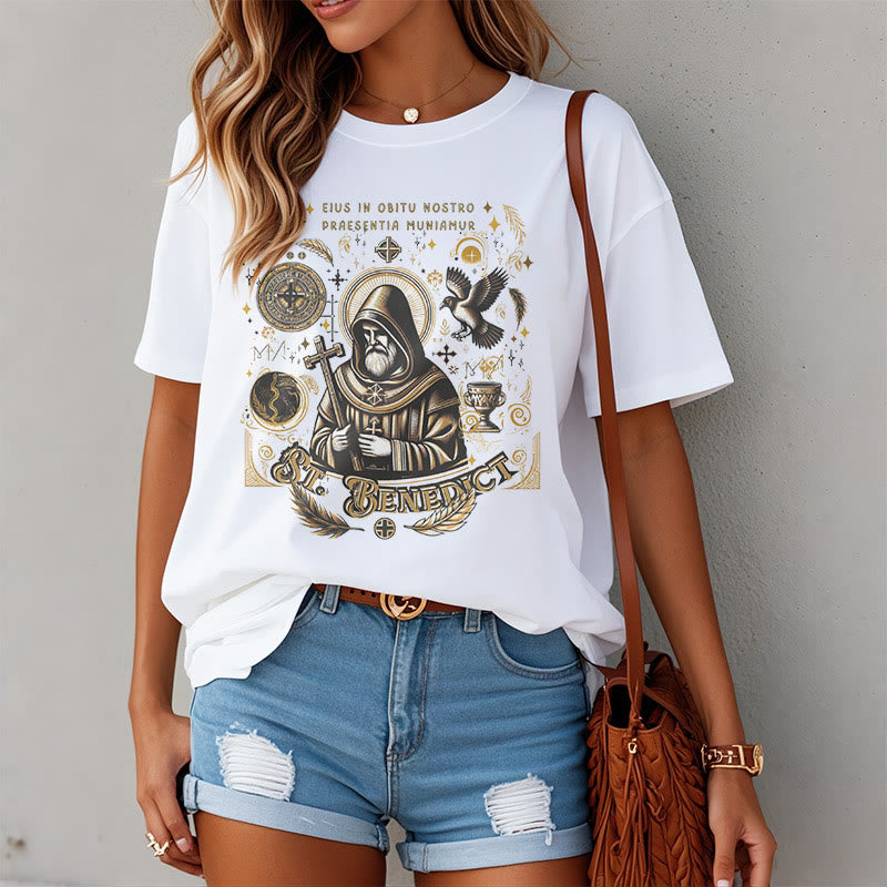 Christianartworkshop Classic Style St. Benedict Blessing Graphic Short Sleeve T-shirt