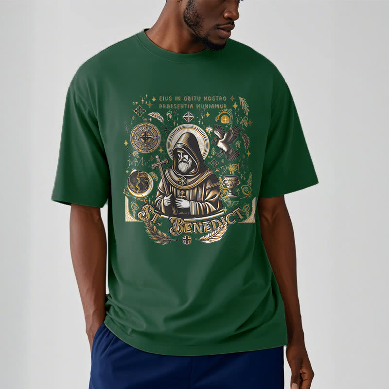 Christianartworkshop Classic Style St. Benedict Blessing Graphic Short Sleeve T-shirt