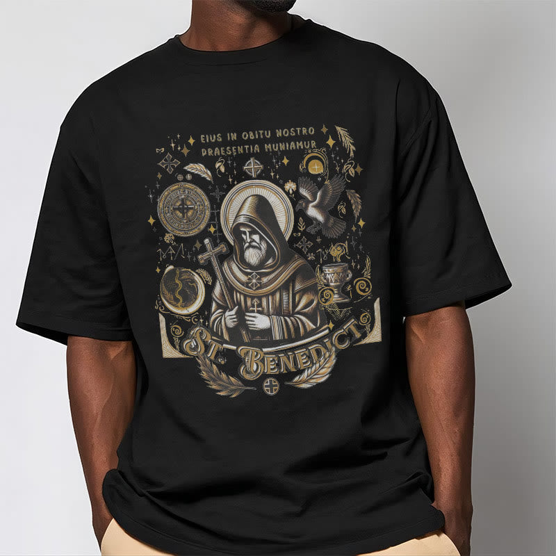 Christianartworkshop Classic Style St. Benedict Blessing Graphic Short Sleeve T-shirt
