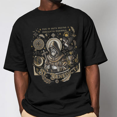 Christianartworkshop Classic Style St. Benedict Blessing Graphic Short Sleeve T-shirt