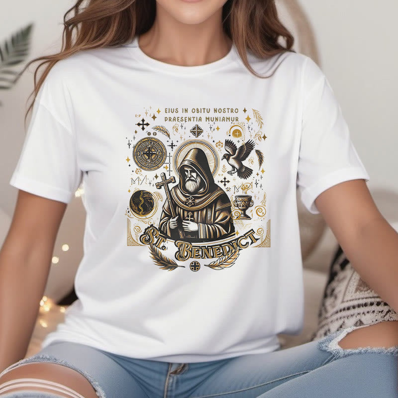 Christianartworkshop Classic Style St. Benedict Blessing Graphic Short Sleeve T-shirt
