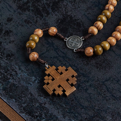 Christianartworkshop St. Benedict Medal & Jerusalem of 10 mm Round Brown Wood Nylon Cord Rosary