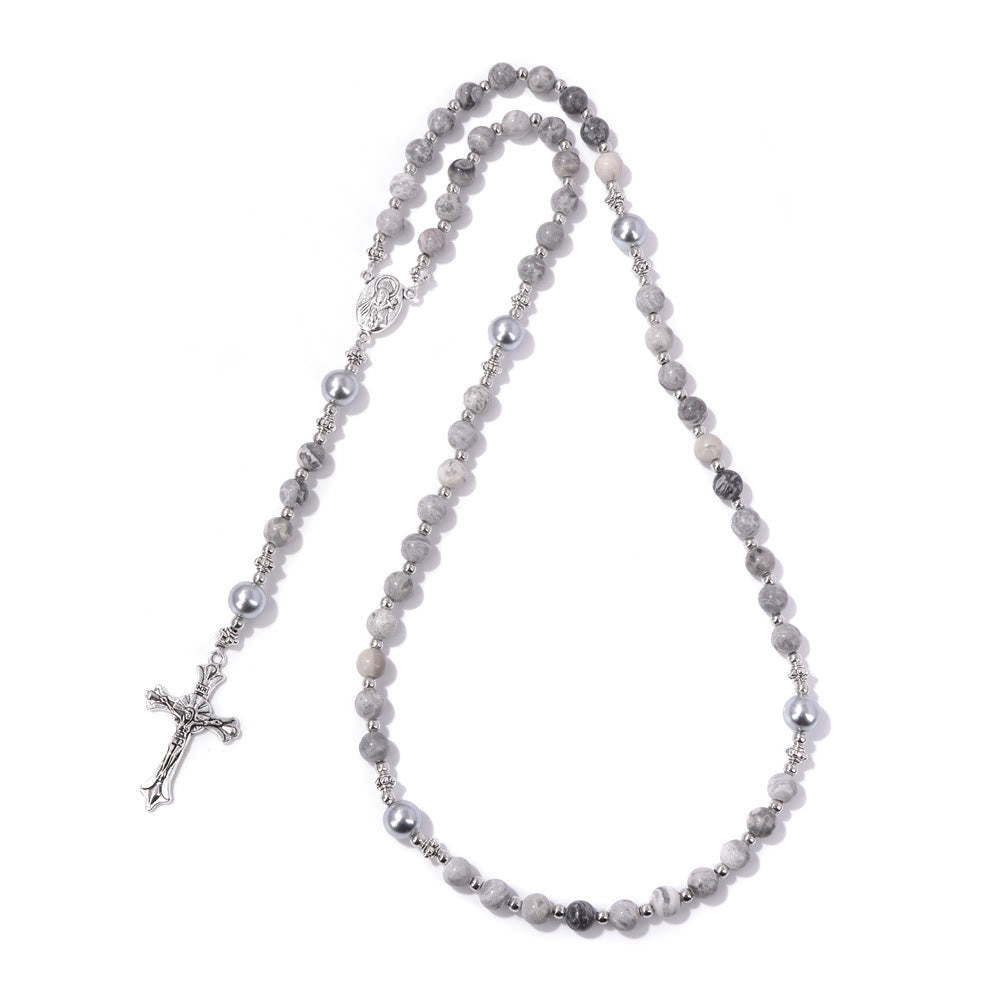 Christianartworkshop Natural Stone & Pearl Miraculous Medal Prayer Rosary