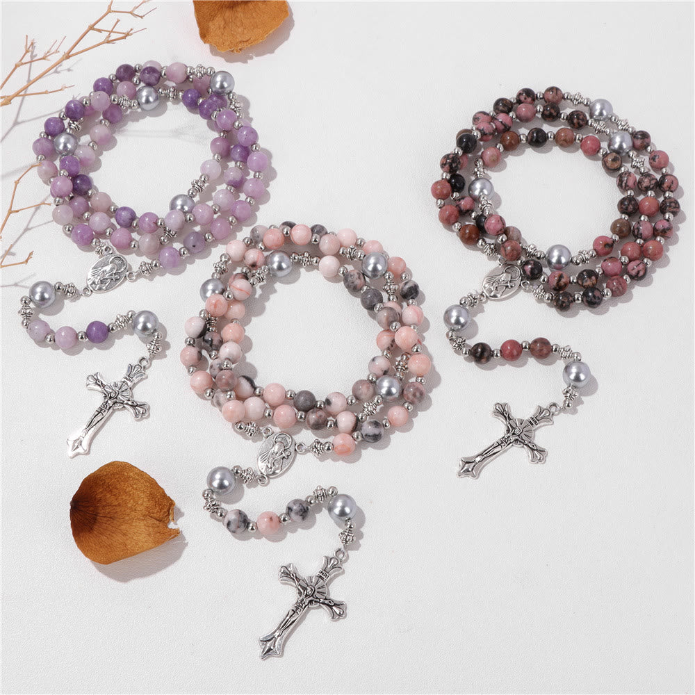 Christianartworkshop Natural Stone & Pearl Miraculous Medal Prayer Rosary