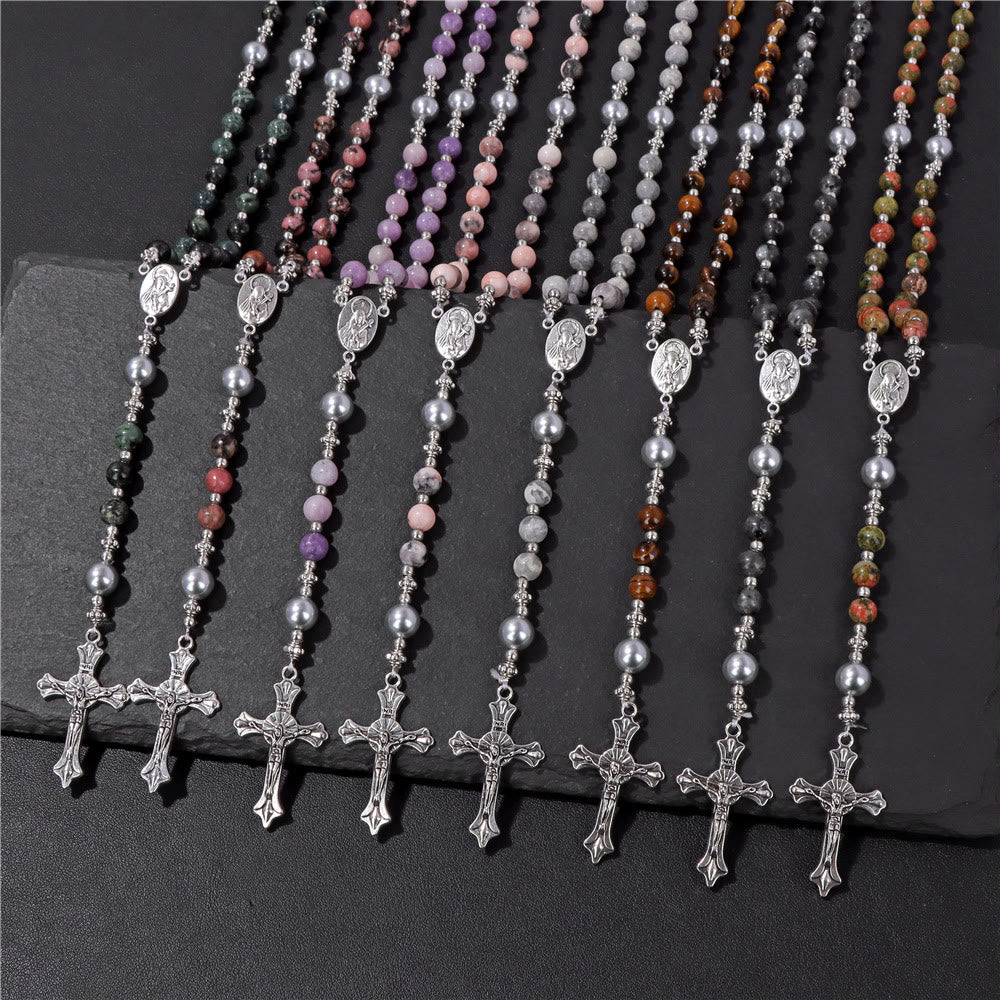 Christianartworkshop Natural Stone & Pearl Miraculous Medal Prayer Rosary
