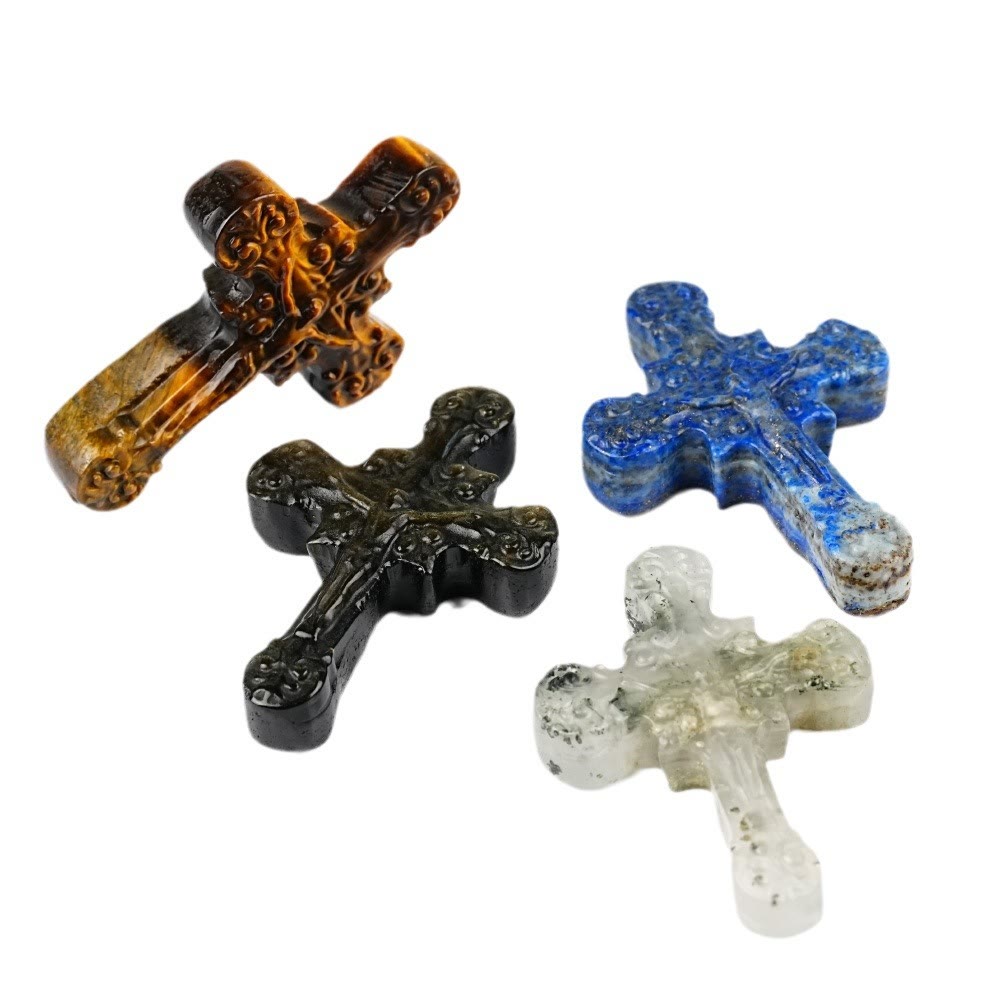 Christianartworkshop Natural Stone Tiger Eye Labradorite Obsidian Lapis Lazuli Scrollwork Crucifix Adornments