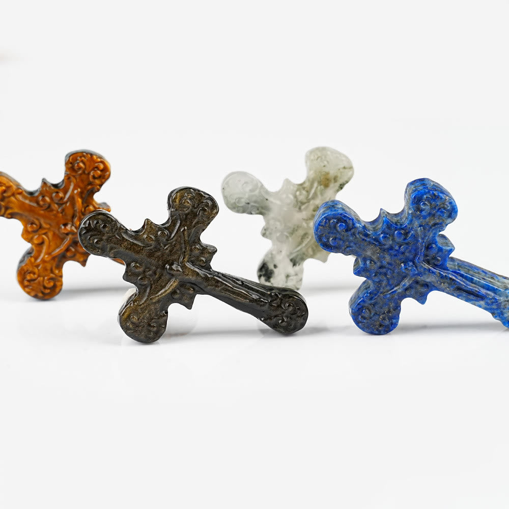 Christianartworkshop Natural Stone Tiger Eye Labradorite Obsidian Lapis Lazuli Scrollwork Crucifix Adornments