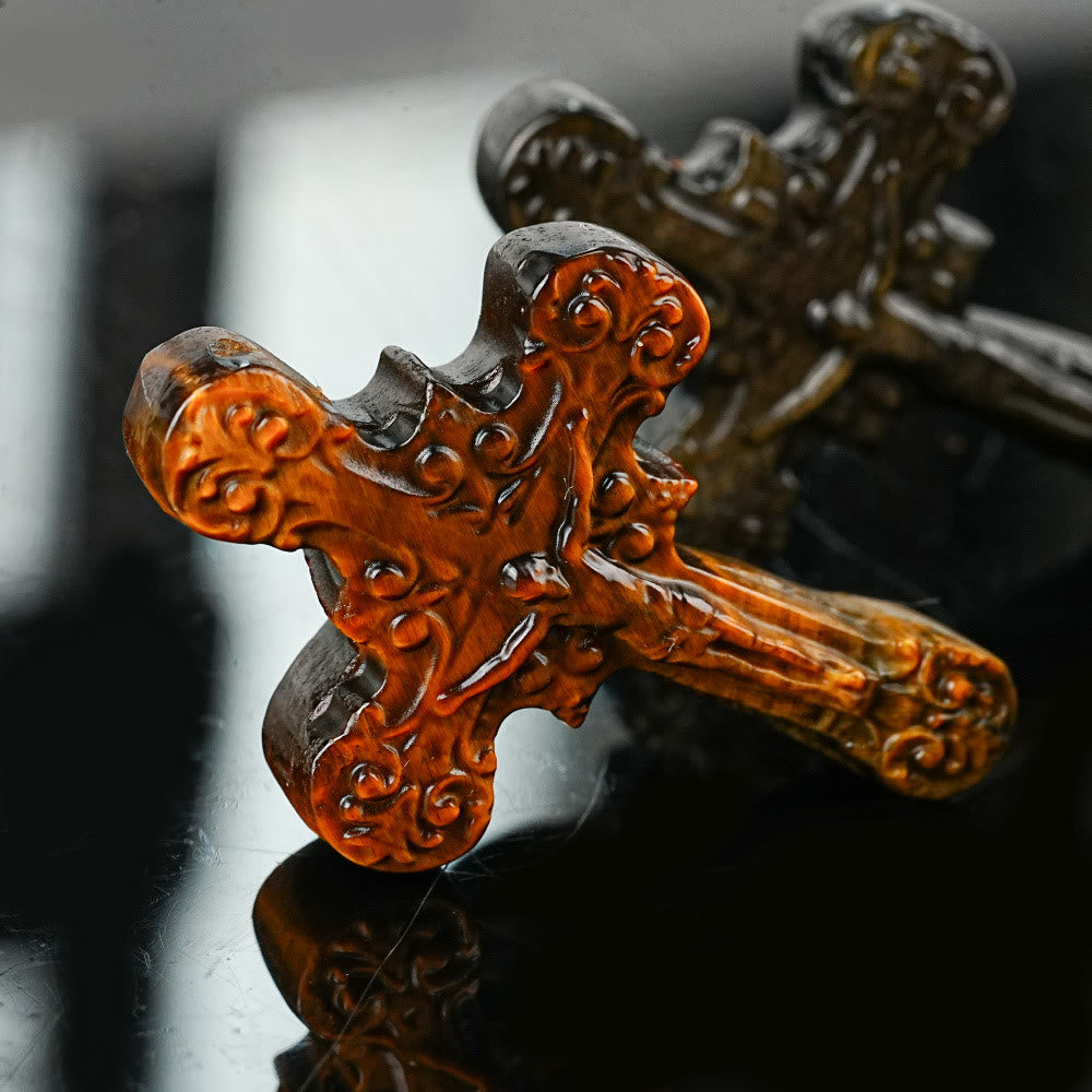 Christianartworkshop Natural Stone Tiger Eye Labradorite Obsidian Lapis Lazuli Scrollwork Crucifix Adornments
