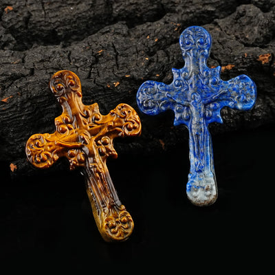 Christianartworkshop Natural Stone Tiger Eye Labradorite Obsidian Lapis Lazuli Scrollwork Crucifix Adornments