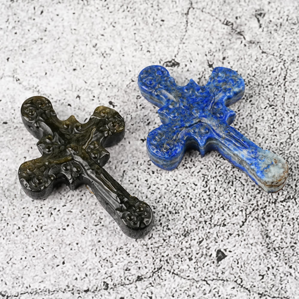 Christianartworkshop Natural Stone Tiger Eye Labradorite Obsidian Lapis Lazuli Scrollwork Crucifix Adornments