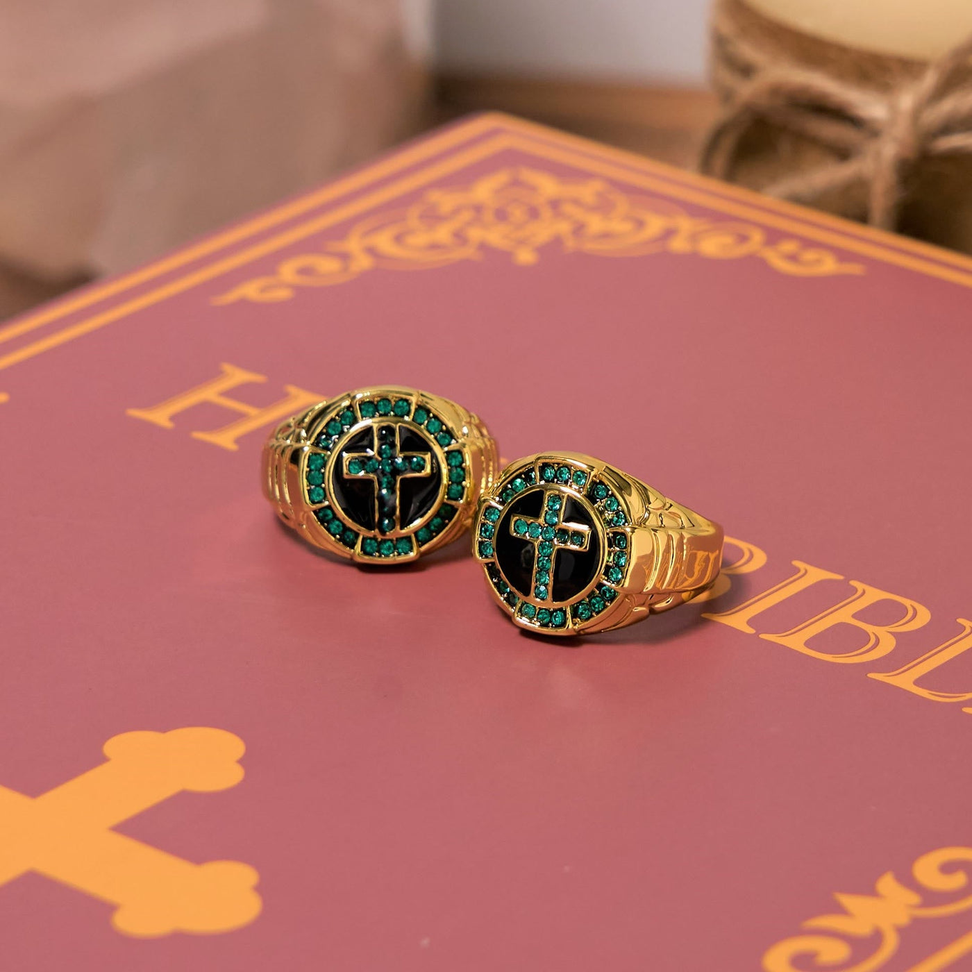 Christianartworkshop Retro Style Green Gemstones Cross Golden Alloy Ring