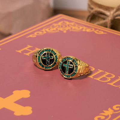 Christianartworkshop Retro Style Green Gemstones Cross Golden Alloy Ring
