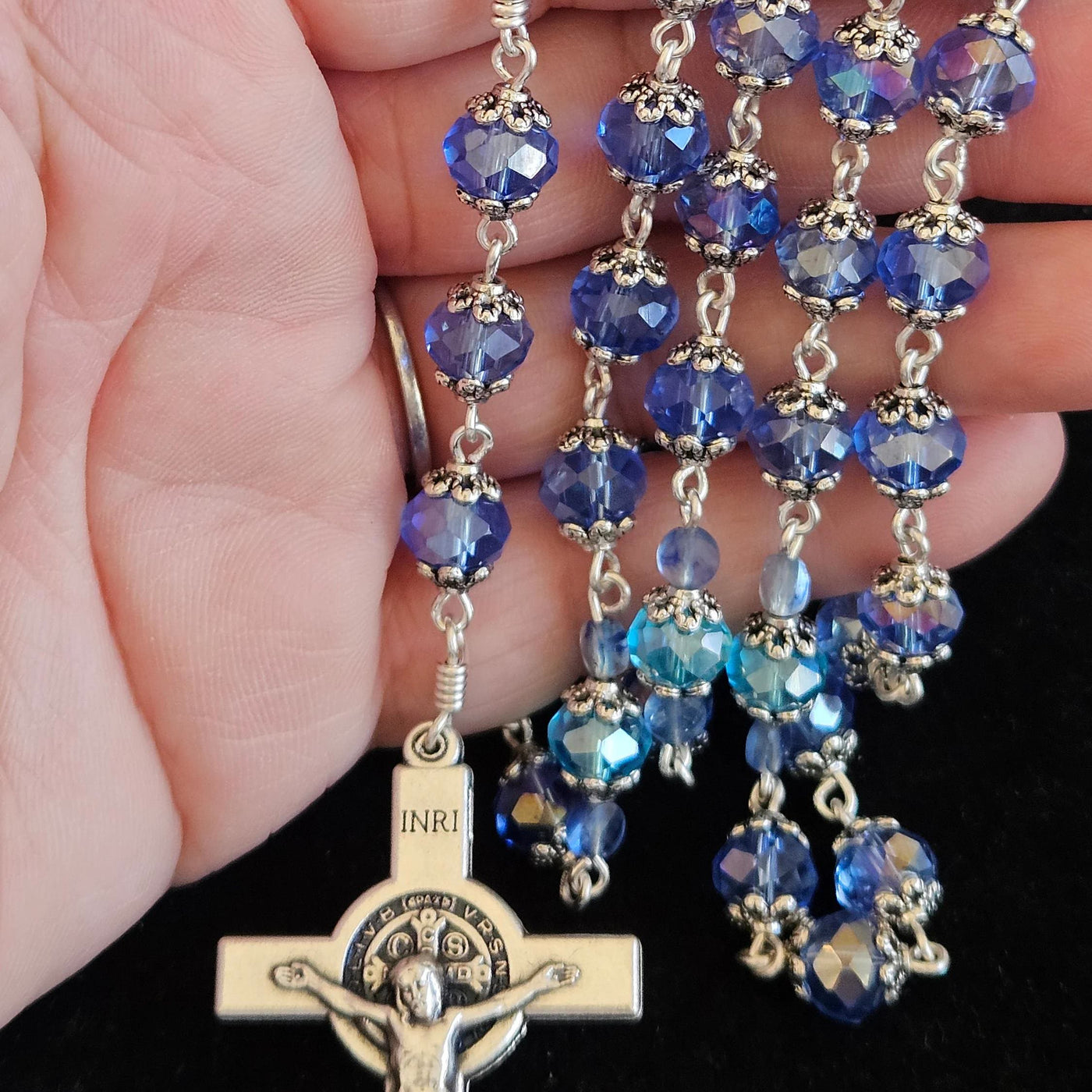 FREE Today: Virgin Mary & Crucifix of 6*8 mm Polyhedron Blue Glass Alloy Chain Rosary