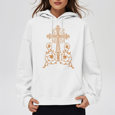 Christianartworkshop Classic Style Sacred Cross Emblem Floral Vines Fleece Lined Polyester Hoodie
