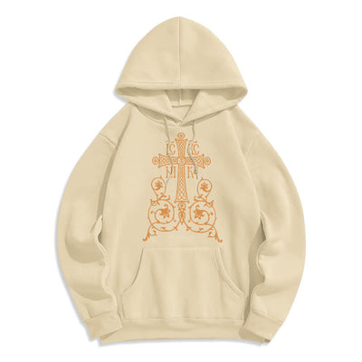 Christianartworkshop Classic Style Sacred Cross Emblem Floral Vines Fleece Lined Polyester Hoodie