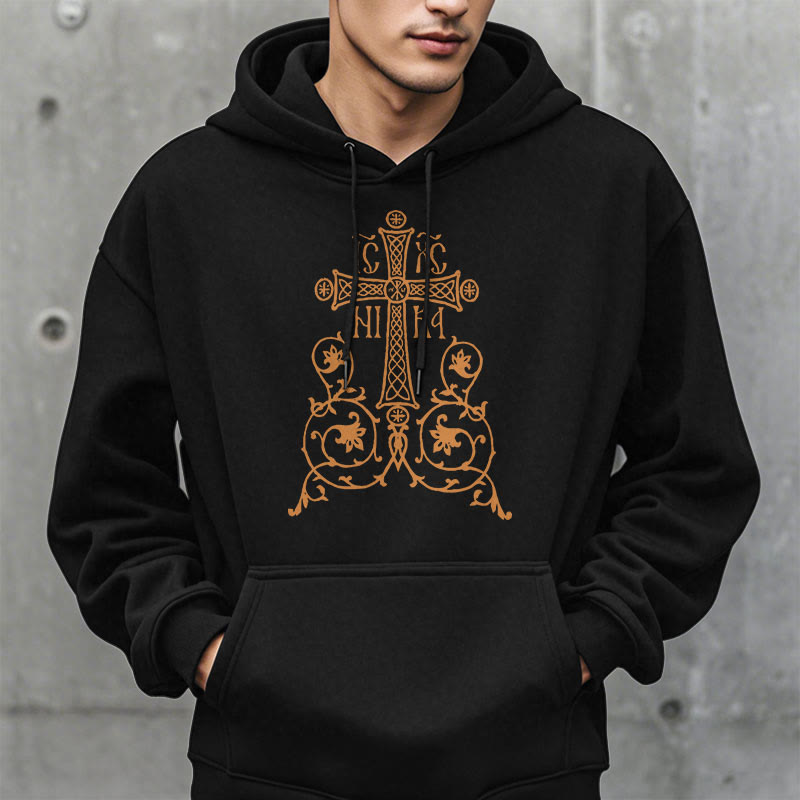 Christianartworkshop Classic Style Sacred Cross Emblem Floral Vines Fleece Lined Polyester Hoodie