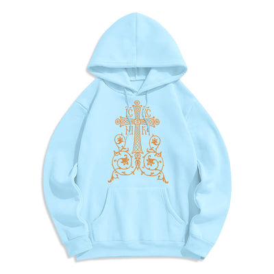 Christianartworkshop Classic Style Sacred Cross Emblem Floral Vines Fleece Lined Polyester Hoodie