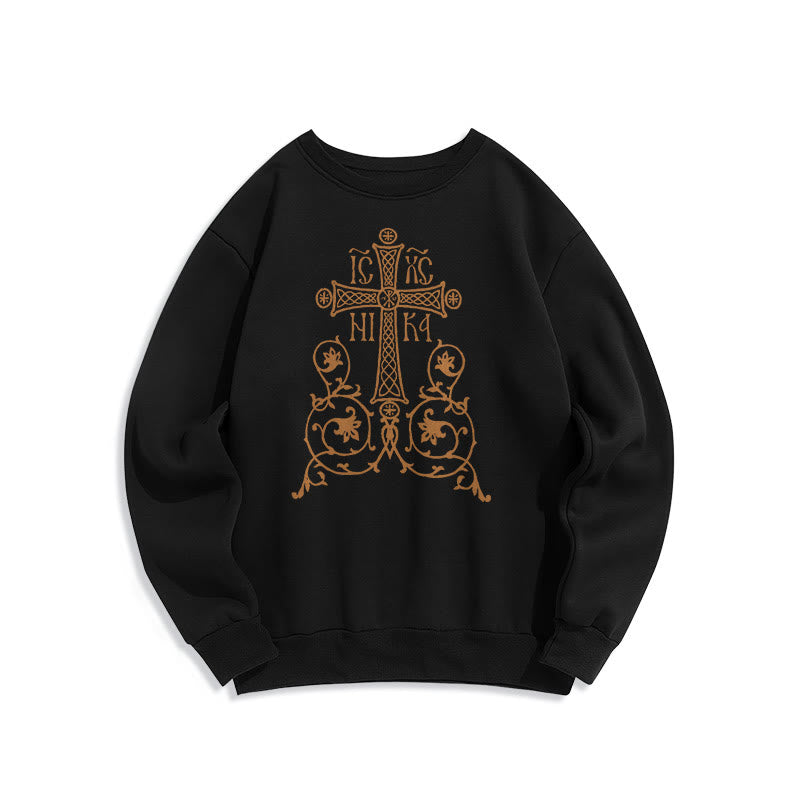 Christianartworkshop Classic Style Sacred Cross Emblem Floral Vines Fleece Lined Polyester Sweatshirt