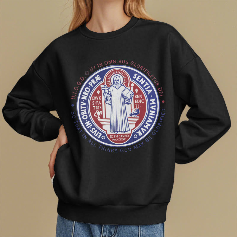 Christianartworkshop  Classic Colored Style St. Benedict Medal Emblem Fleece Lined Polyester Sweatshirt