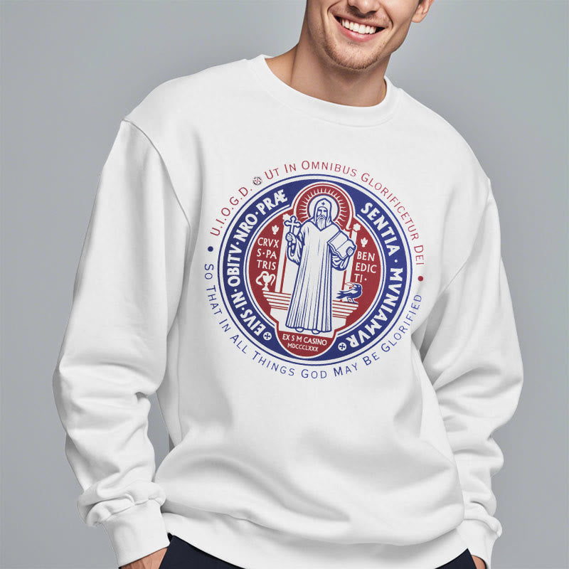 Christianartworkshop  Classic Colored Style St. Benedict Medal Emblem Fleece Lined Polyester Sweatshirt