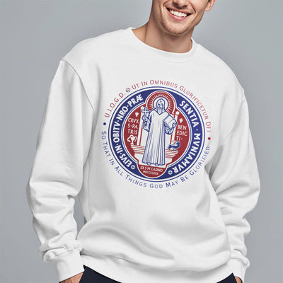 Christianartworkshop  Classic Colored Style St. Benedict Medal Emblem Fleece Lined Polyester Sweatshirt