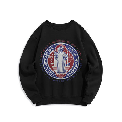 Christianartworkshop  Classic Colored Style St. Benedict Medal Emblem Fleece Lined Polyester Sweatshirt