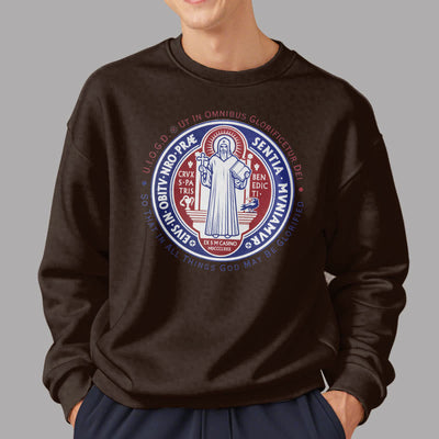 Christianartworkshop  Classic Colored Style St. Benedict Medal Emblem Fleece Lined Polyester Sweatshirt