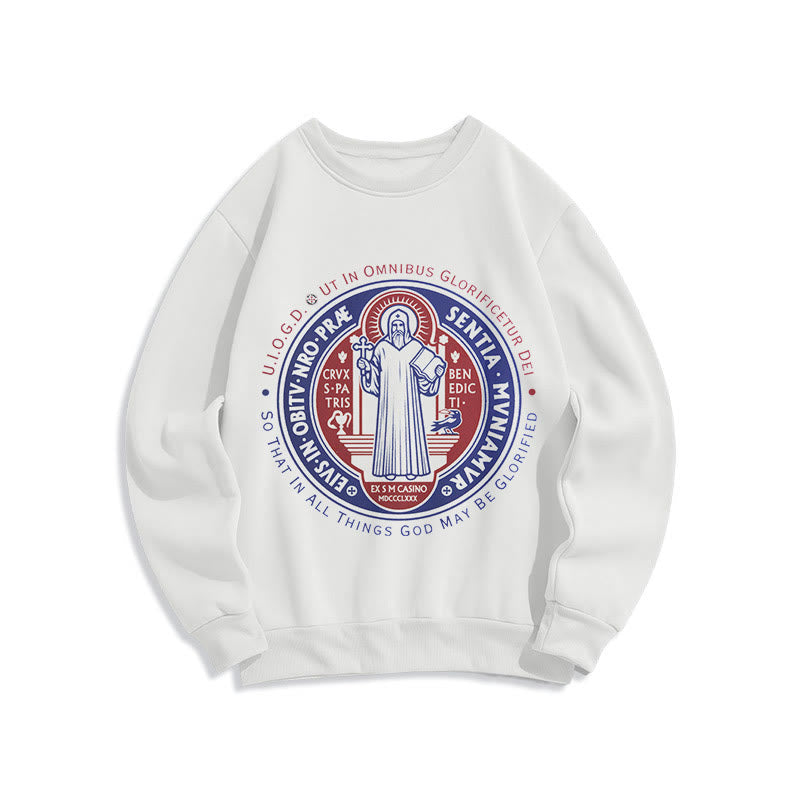 Christianartworkshop  Classic Colored Style St. Benedict Medal Emblem Fleece Lined Polyester Sweatshirt