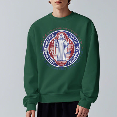 Christianartworkshop  Classic Colored Style St. Benedict Medal Emblem Fleece Lined Polyester Sweatshirt