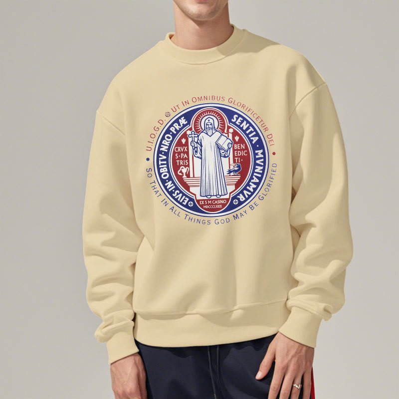 Christianartworkshop  Classic Colored Style St. Benedict Medal Emblem Fleece Lined Polyester Sweatshirt