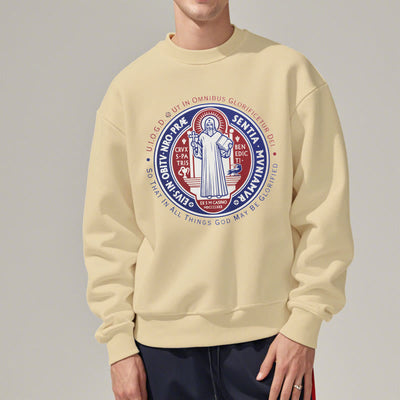 Christianartworkshop  Classic Colored Style St. Benedict Medal Emblem Fleece Lined Polyester Sweatshirt