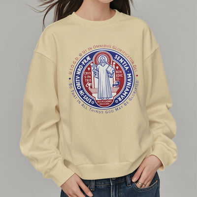 Christianartworkshop  Classic Colored Style St. Benedict Medal Emblem Fleece Lined Polyester Sweatshirt