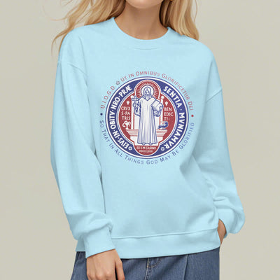 Christianartworkshop  Classic Colored Style St. Benedict Medal Emblem Fleece Lined Polyester Sweatshirt