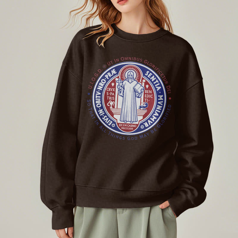 Christianartworkshop  Classic Colored Style St. Benedict Medal Emblem Fleece Lined Polyester Sweatshirt