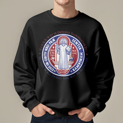 Christianartworkshop  Classic Colored Style St. Benedict Medal Emblem Fleece Lined Polyester Sweatshirt