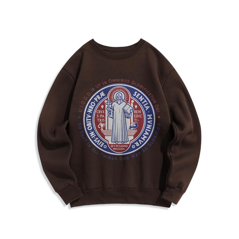 Christianartworkshop  Classic Colored Style St. Benedict Medal Emblem Fleece Lined Polyester Sweatshirt