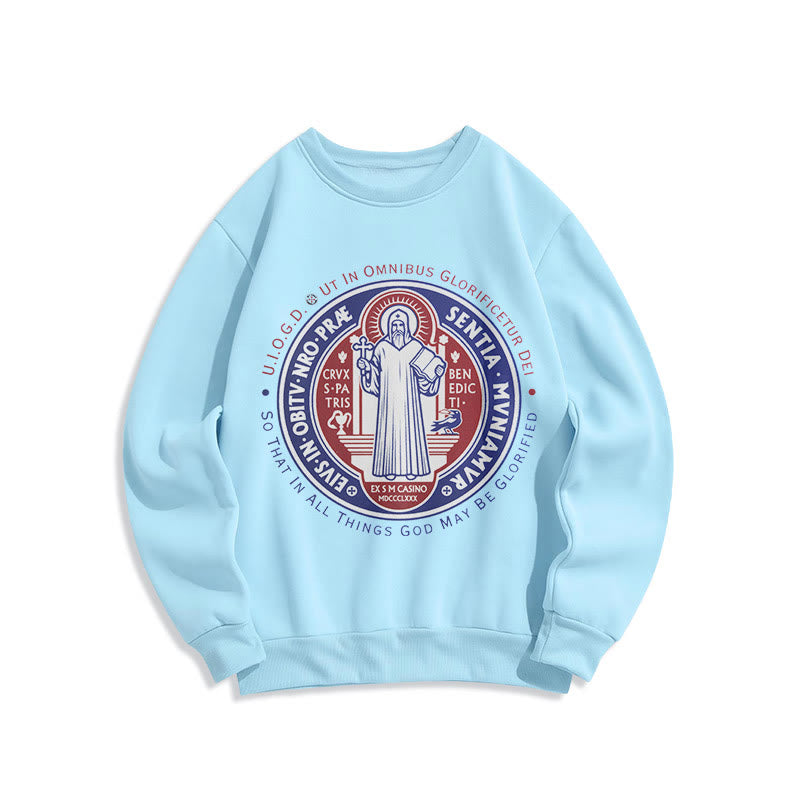 Christianartworkshop  Classic Colored Style St. Benedict Medal Emblem Fleece Lined Polyester Sweatshirt