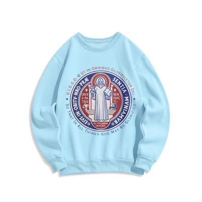 Christianartworkshop  Classic Colored Style St. Benedict Medal Emblem Fleece Lined Polyester Sweatshirt