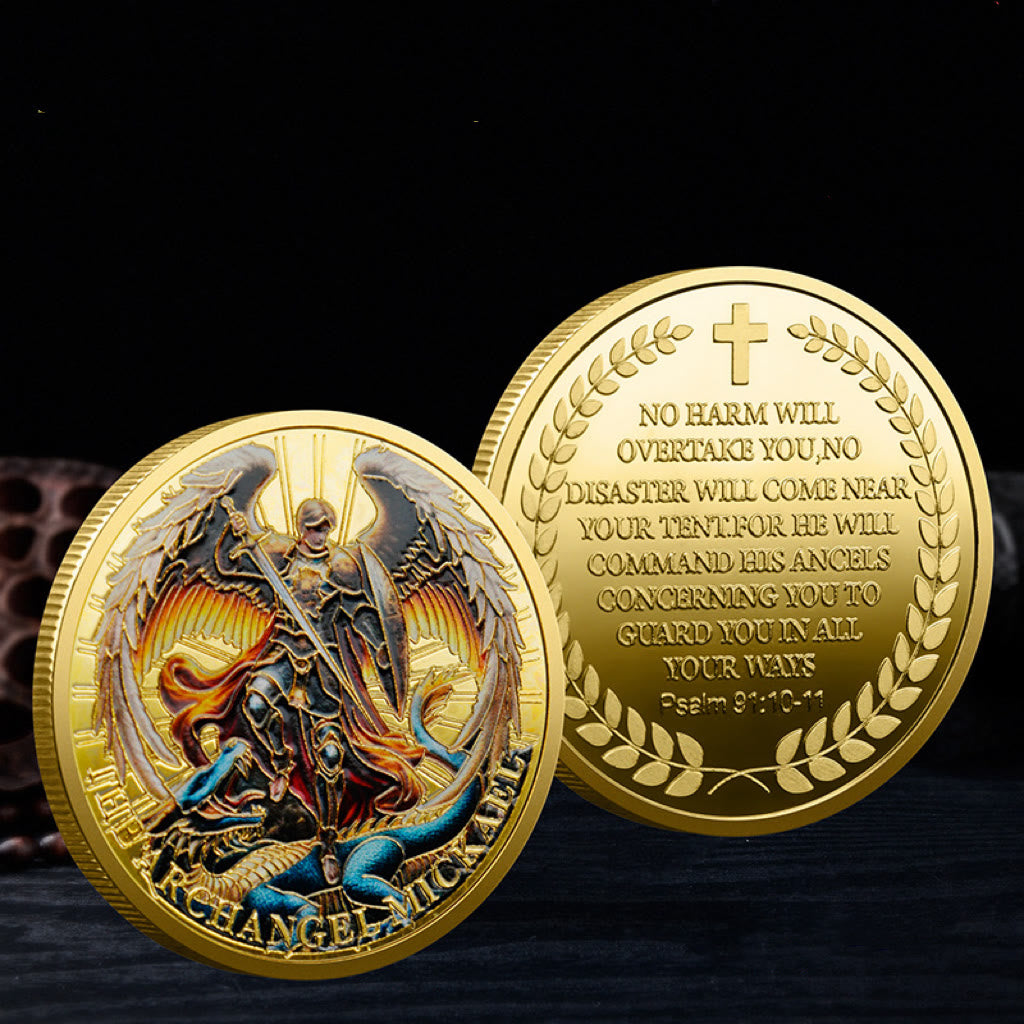 Christianartworkshop Classic Style Saint Michael the Archangel Psalm 91:10-11 Protection Strengthen Challenge Coin
