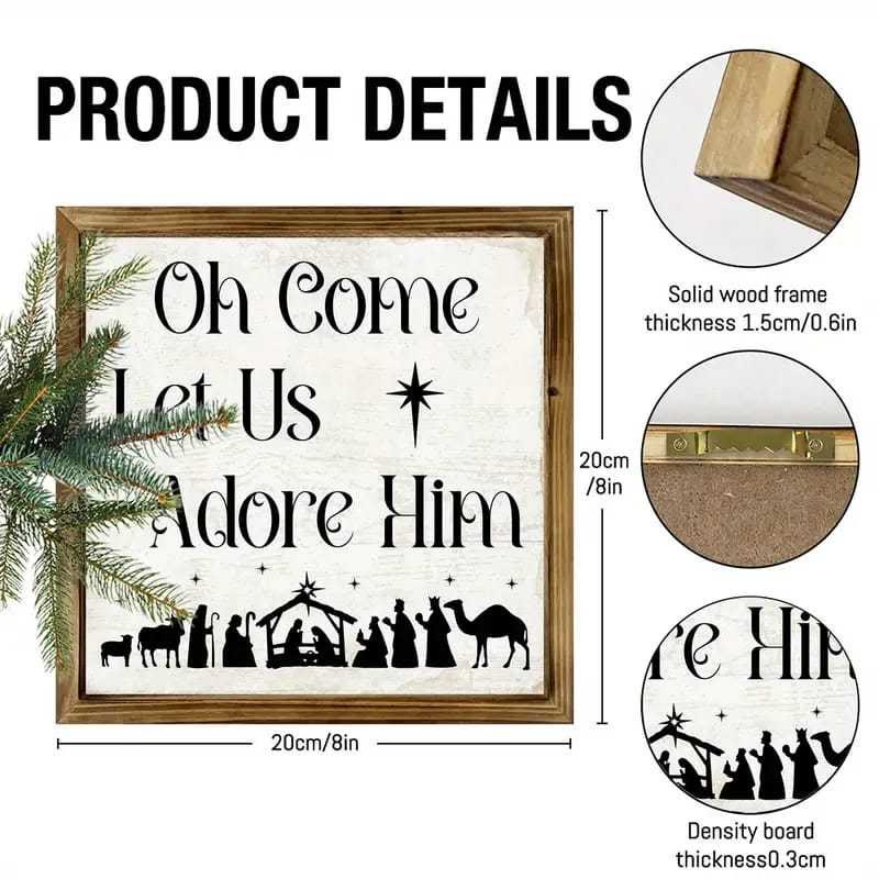 Christianartworkshop Classic Style Oh Come Let Us Adore Him Nativity Scene Wooden Sign Ornaments