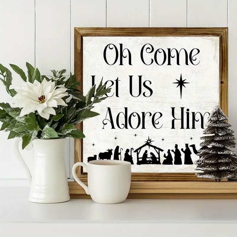 Christianartworkshop Classic Style Oh Come Let Us Adore Him Nativity Scene Wooden Sign Ornaments